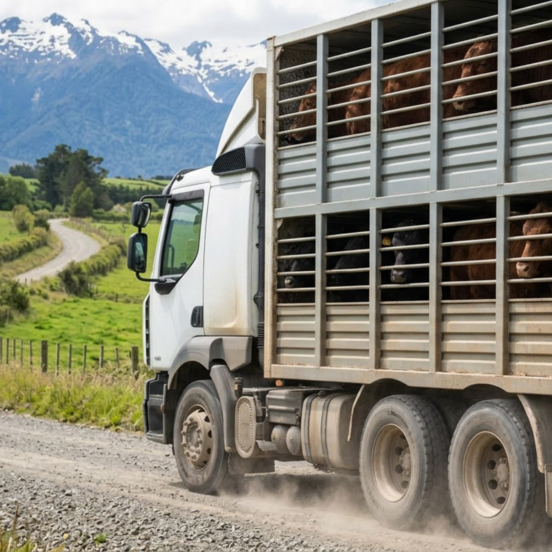 Firefly Gemini Flash Realistic close up photograph of a livestock transport truck with beef cattle visible
